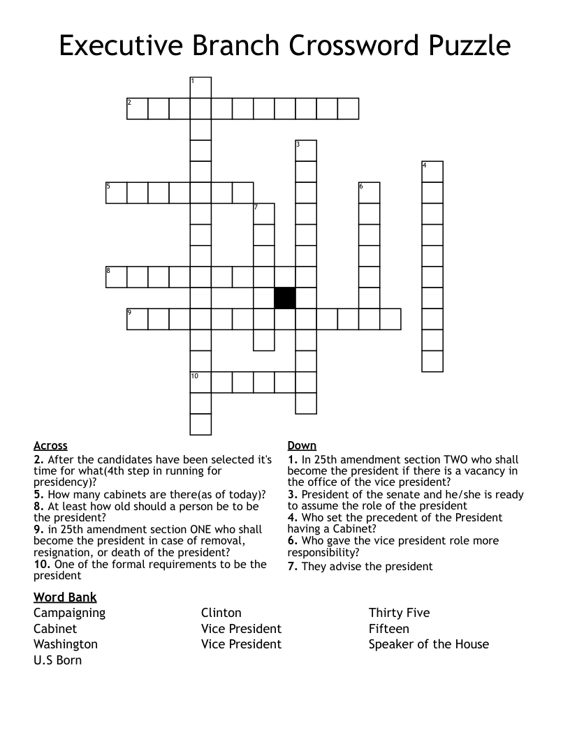 Executive Branch Crossword Puzzle