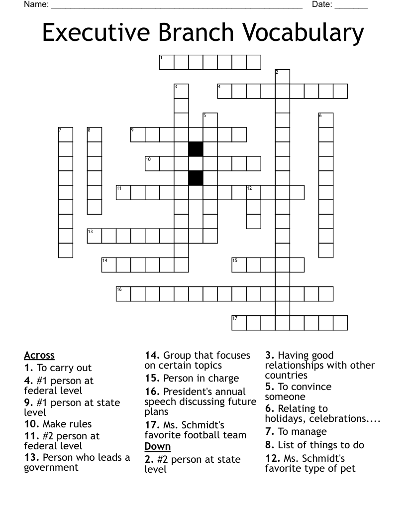 Executive Branch Vocabulary Crossword
