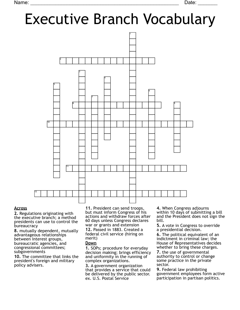 Executive Branch Vocabulary Crossword