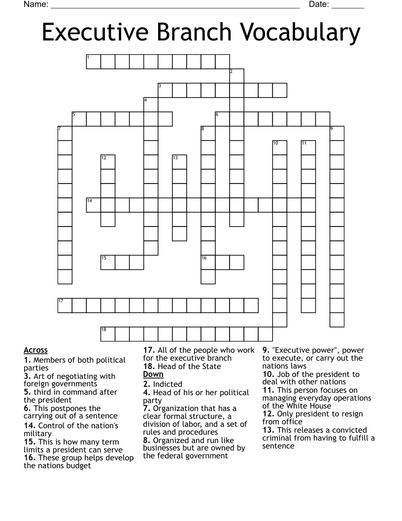 Executive Branch Vocabulary Crossword