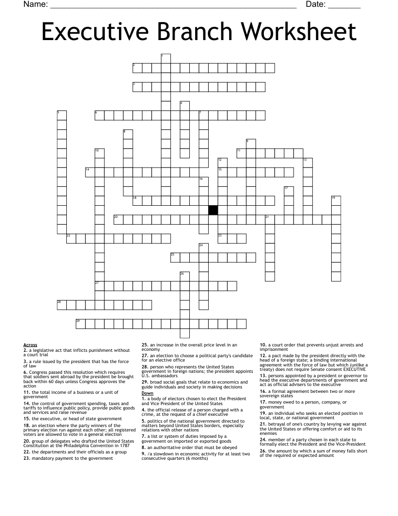 Executive Branch Worksheet Crossword