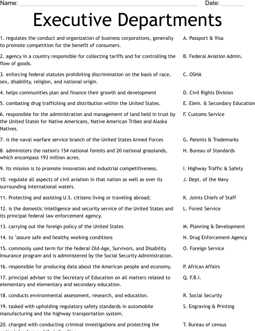 Executive Departments Worksheet