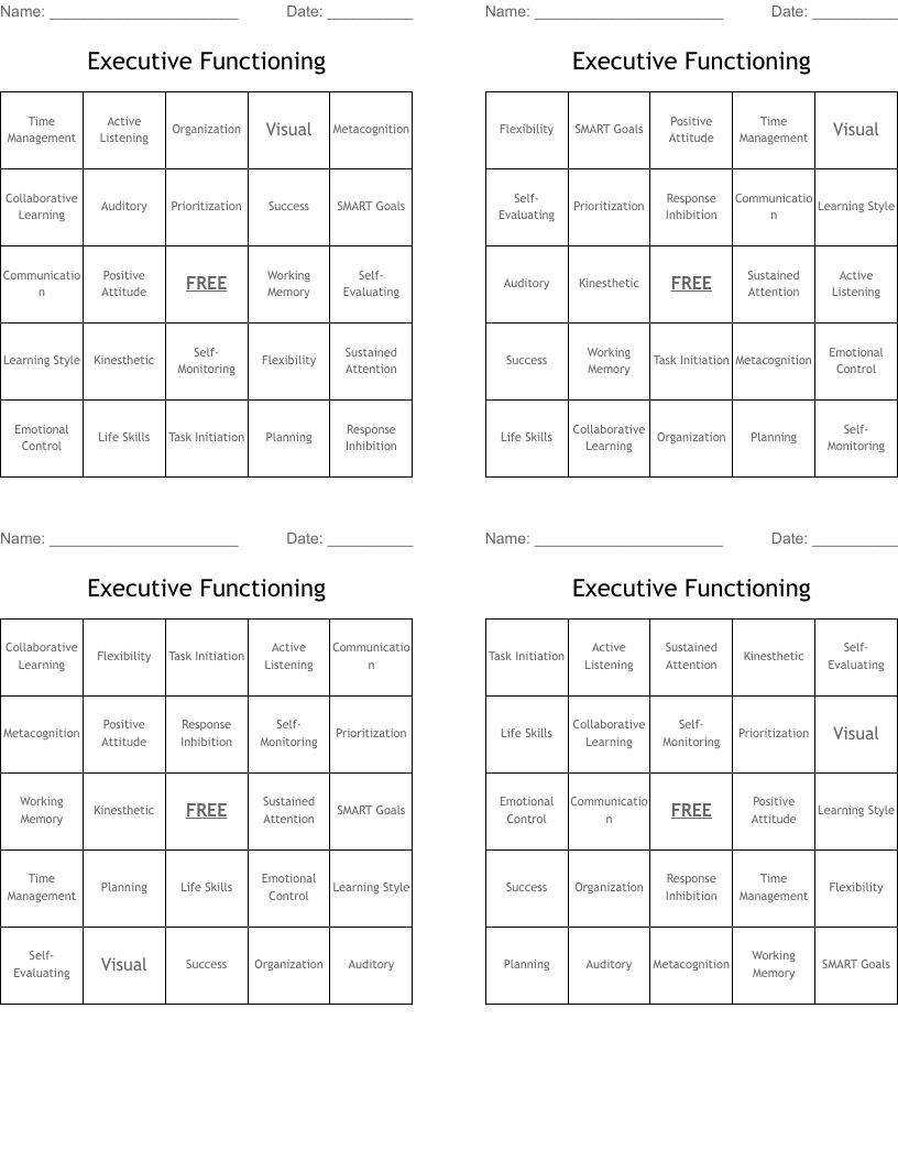Executive Functioning Bingo Cards