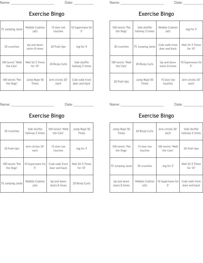 Exercise Bingo
