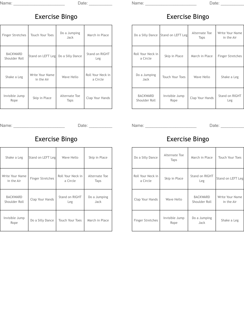 Exercise Bingo
