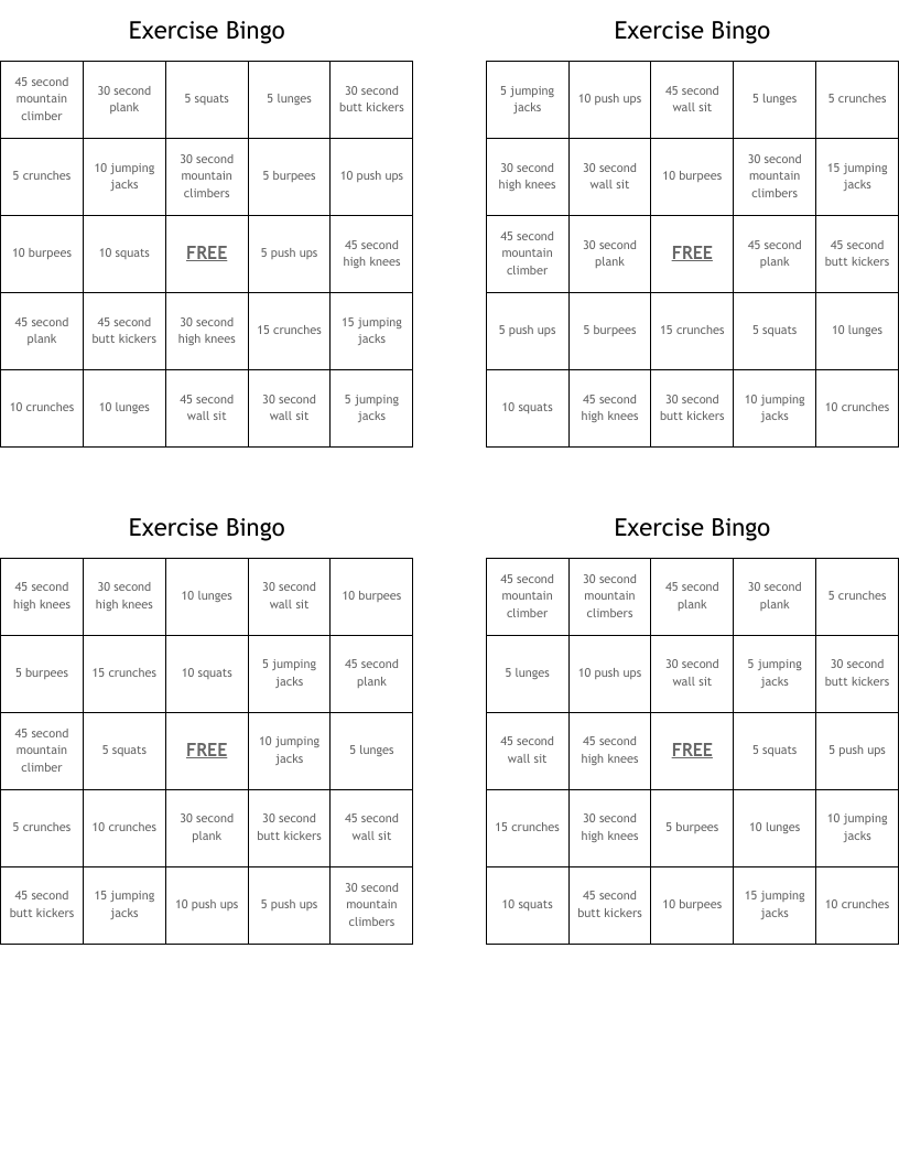 Exercise Bingo 