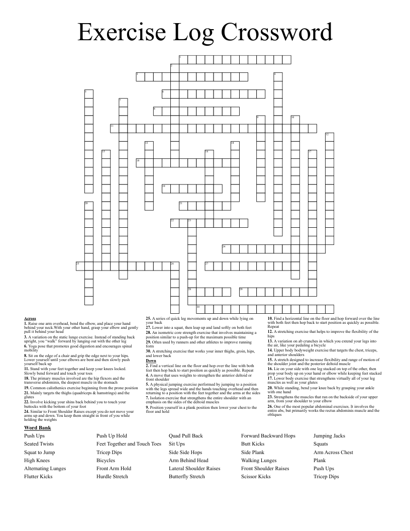 Exercise Log Crossword