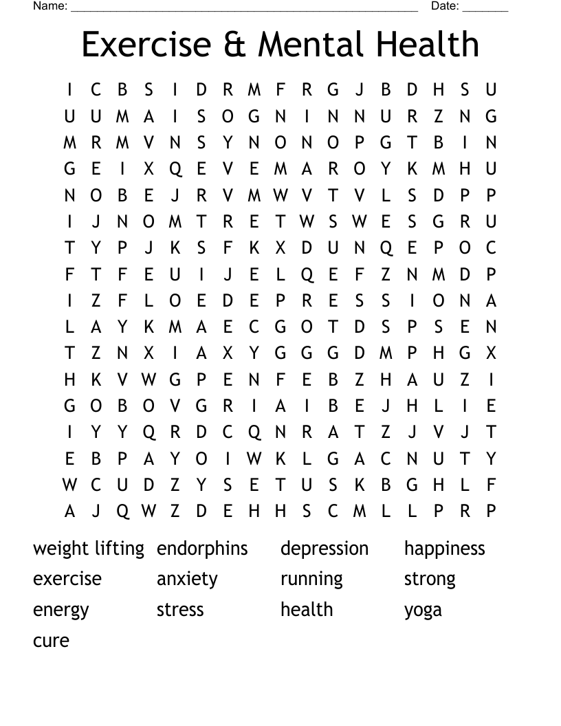 Exercise & Mental Health Word Search