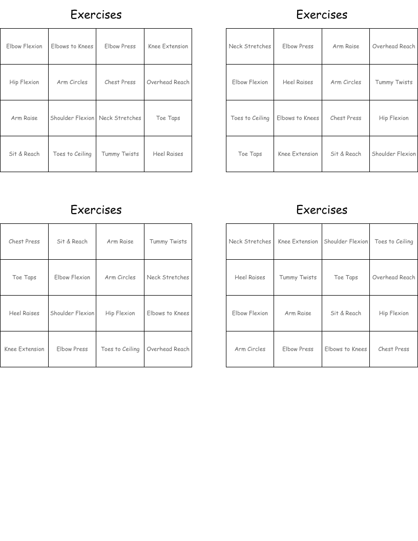 Exercises Bingo Cards