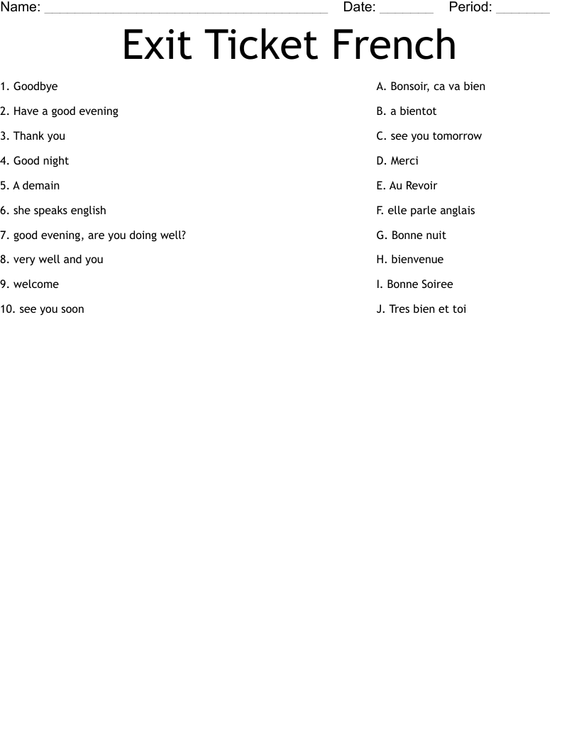 Exit Ticket French Worksheet