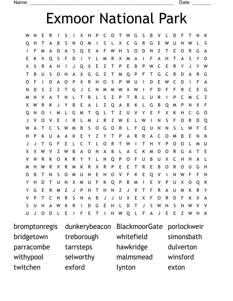 Exmoor National Park Word Search