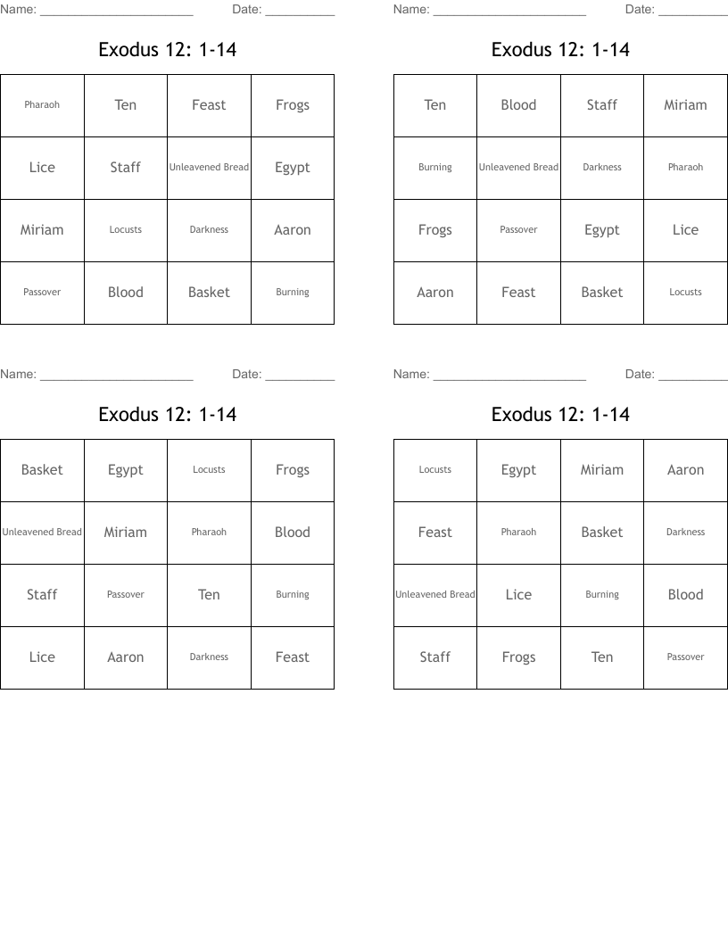 Exodus 12: 1-14 Bingo Cards