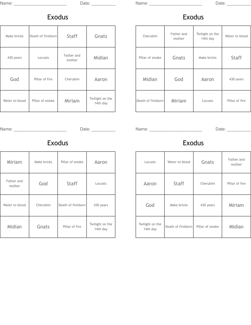 Exodus Bingo Cards