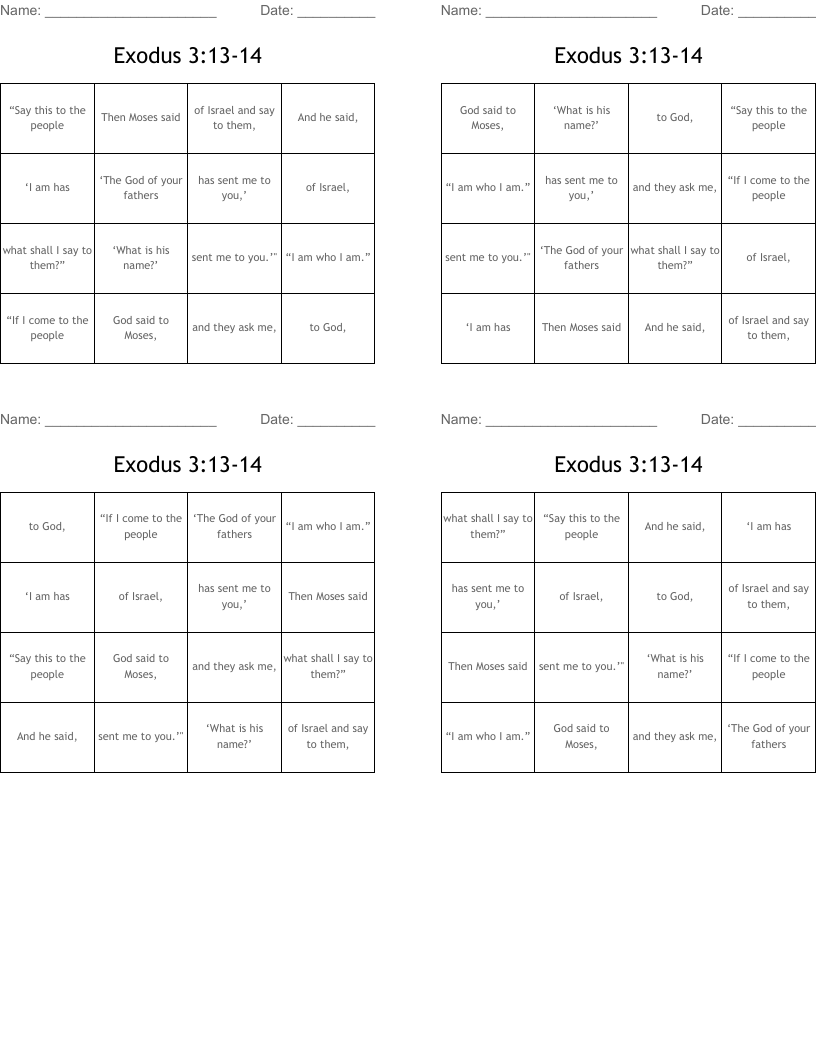 Exodus 3:13-14 Bingo Cards