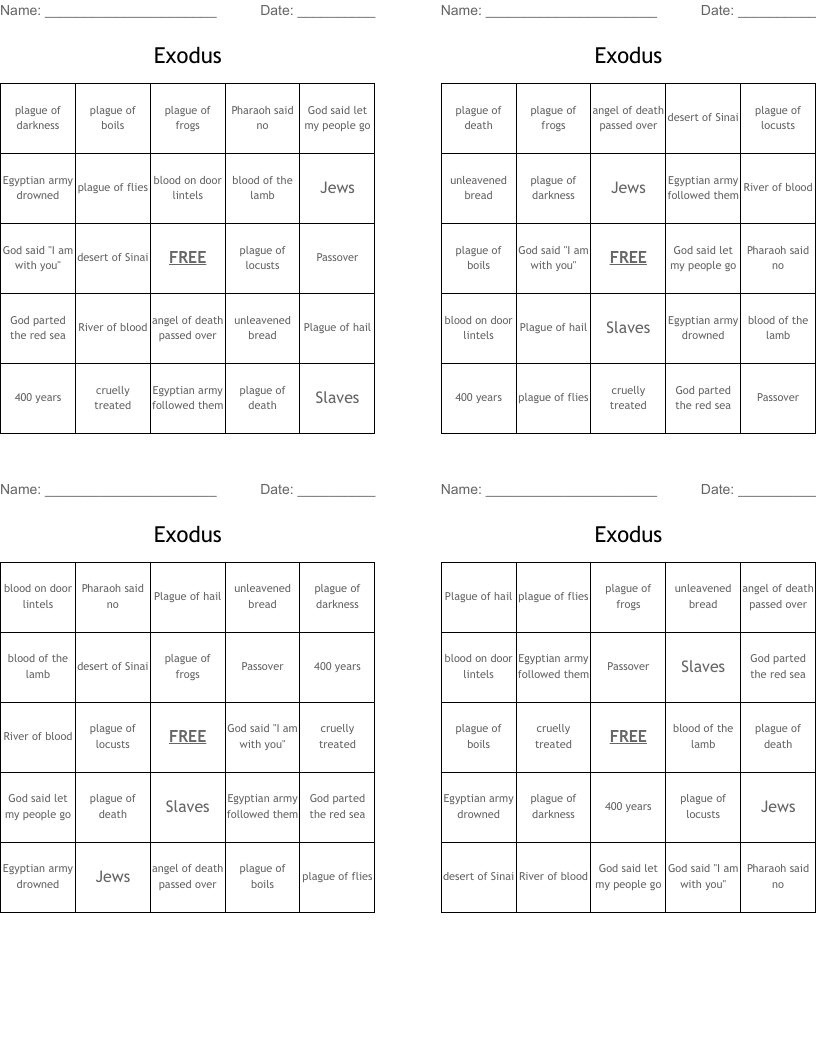 Exodus  Bingo Cards