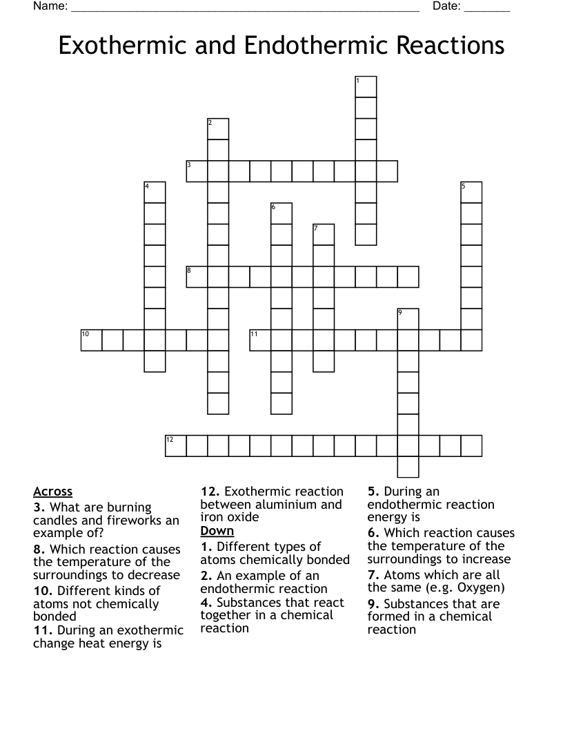 Exothermic and Endothermic Reactions Crossword