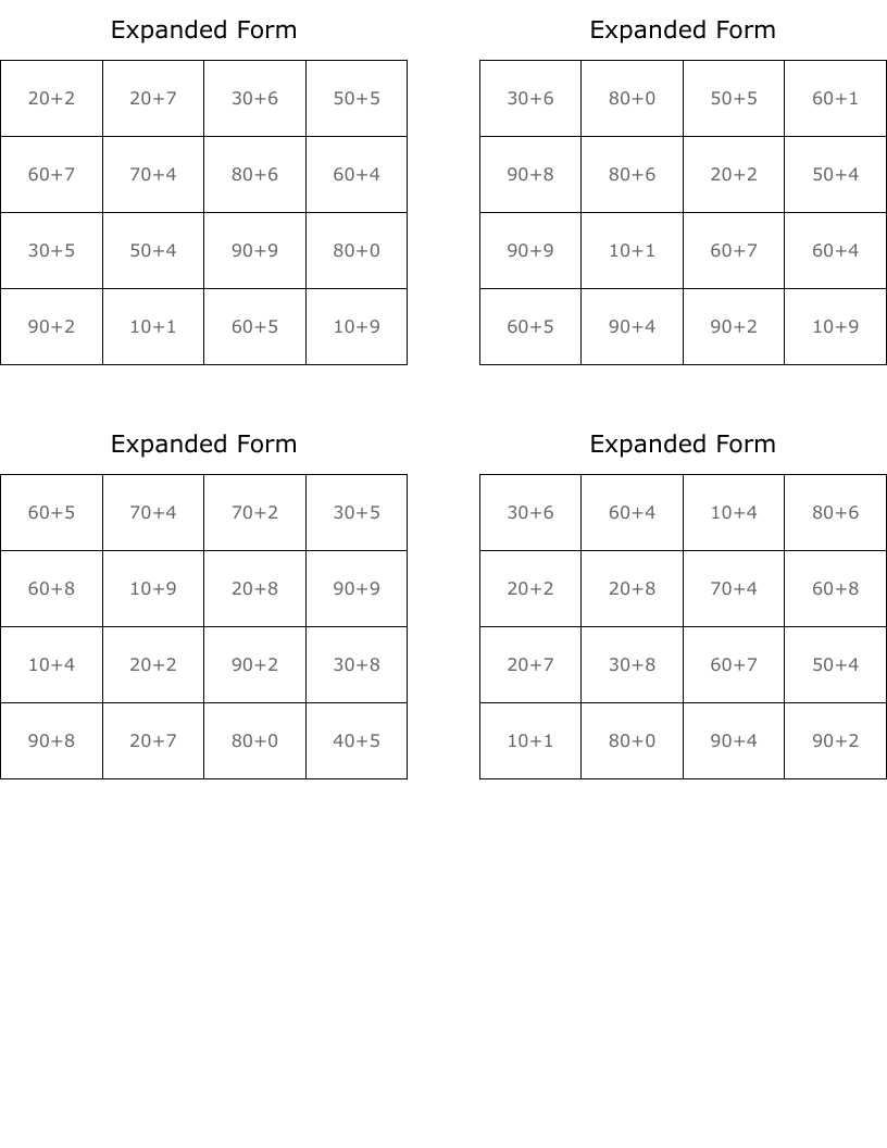 Expanded Form Bingo Cards