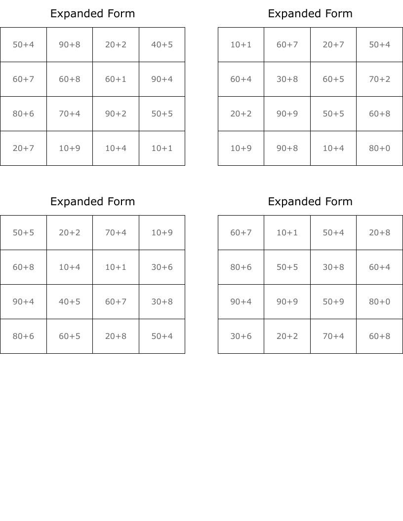 Expanded Form Bingo Cards