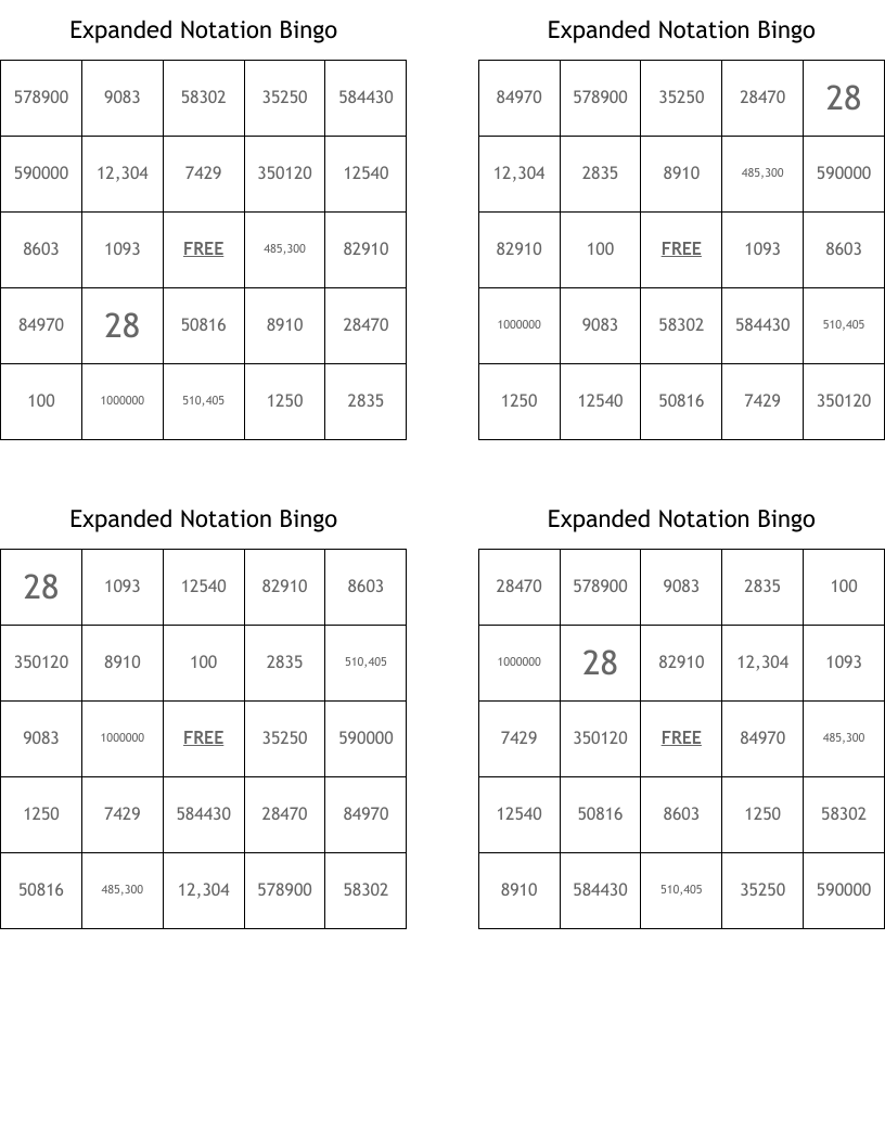Expanded Notation Bingo