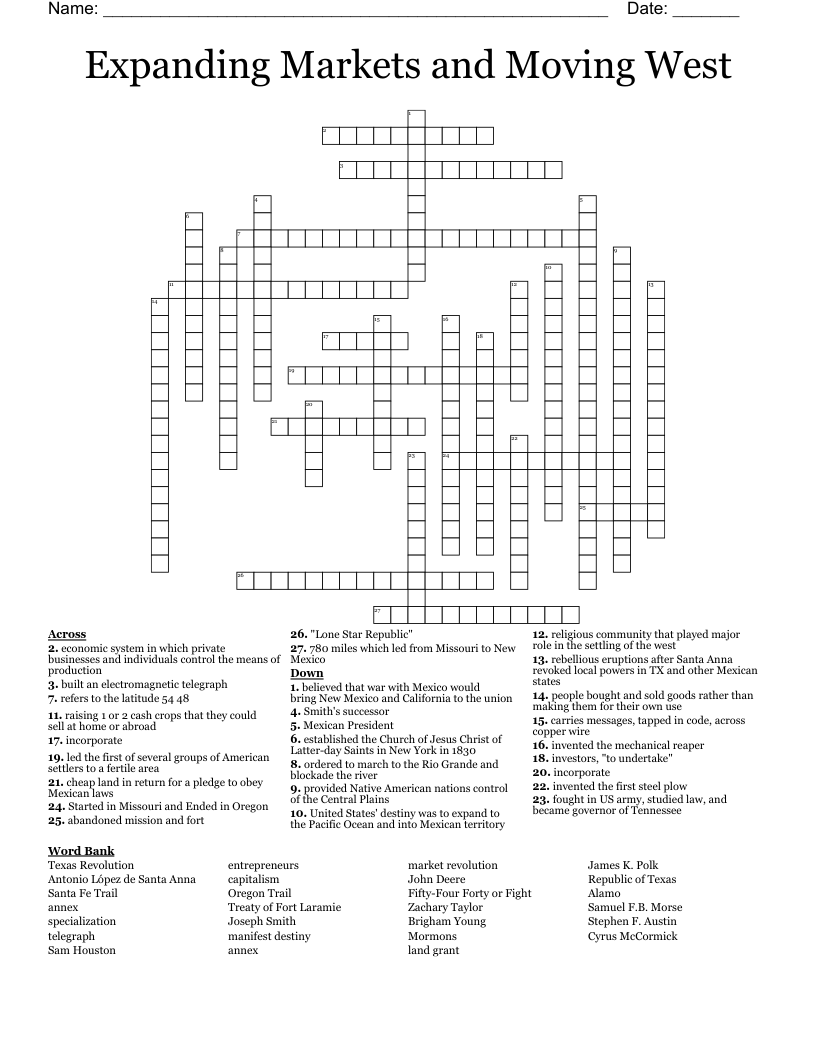 Expanding Markets and Moving West Crossword