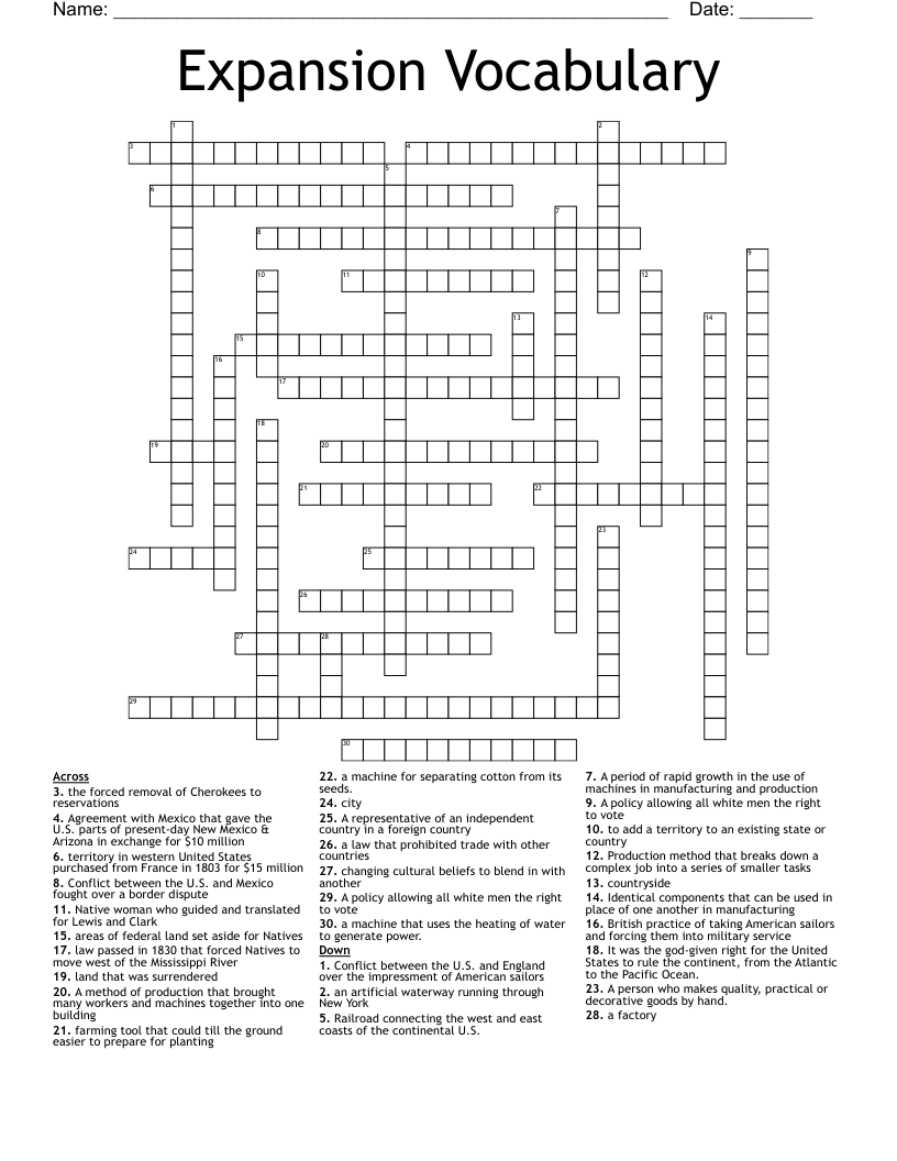Expansion Vocabulary Crossword
