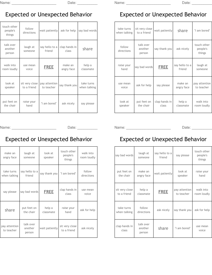 Expected or Unexpected Behavior Bingo Cards