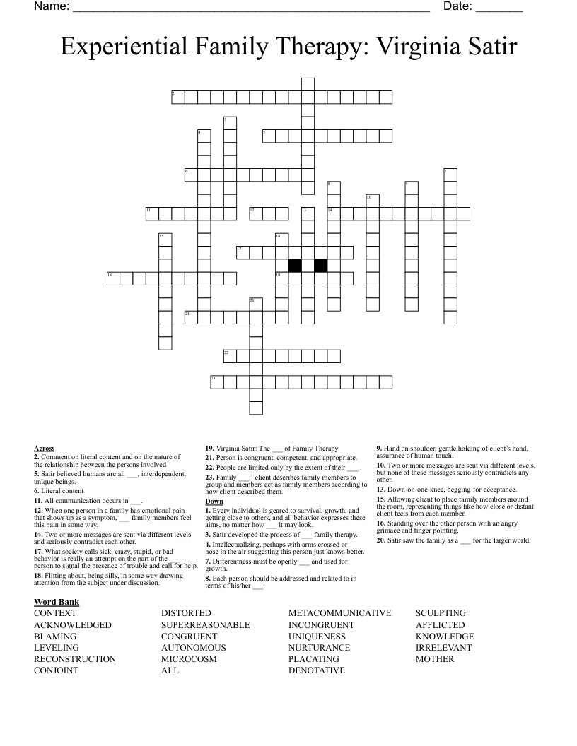 Experiential Family Therapy: Virginia Satir Crossword