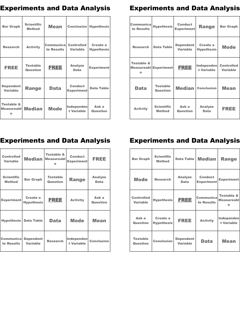 Experiments and Data Analysis Bingo Cards