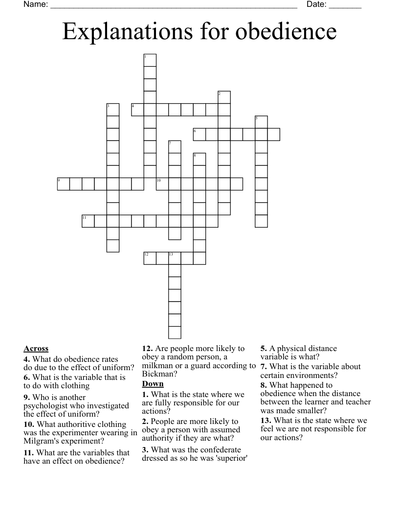 Explanations for obedience Crossword