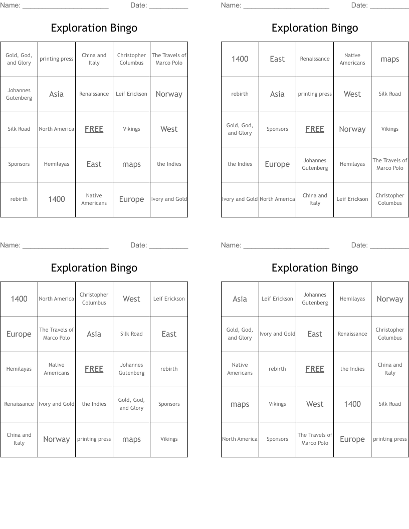 Exploration Bingo