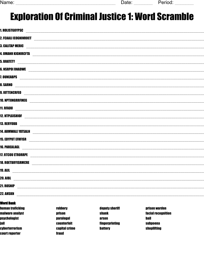 Exploration Of Criminal Justice 1: Word Scramble