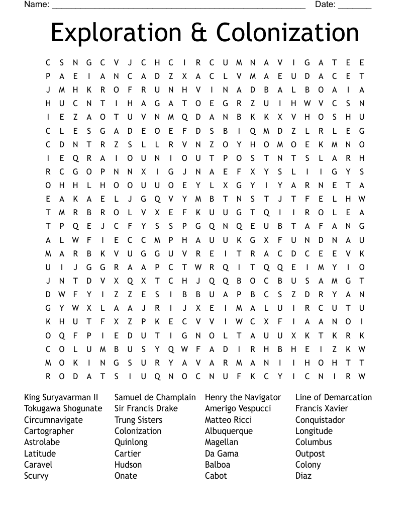 Exploration & Colonization Word Search