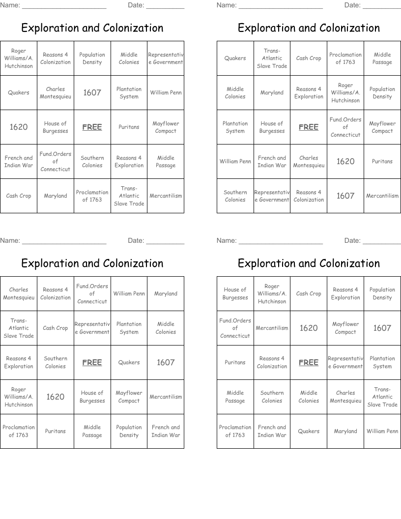 Exploration and Colonization Bingo Cards