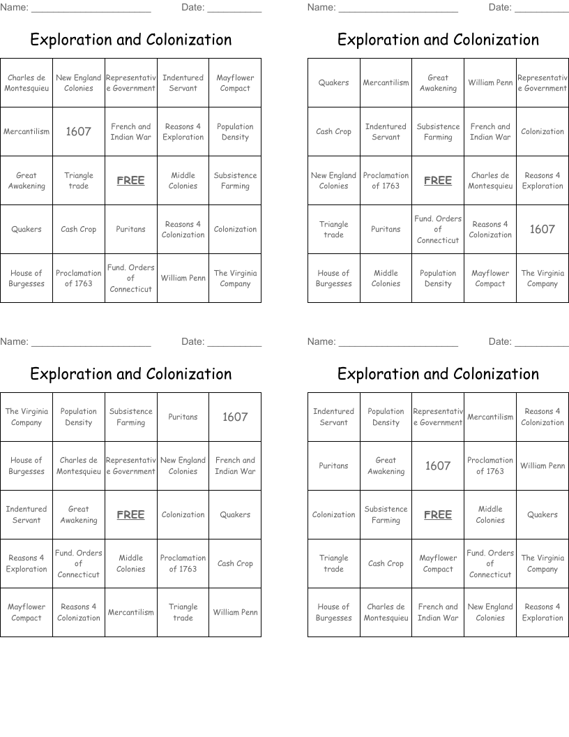 Exploration and Colonization Bingo Cards