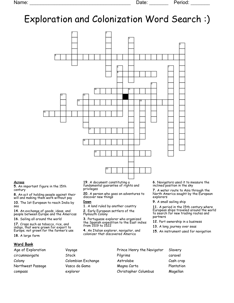 Exploration and Colonization Word Search :) Crossword