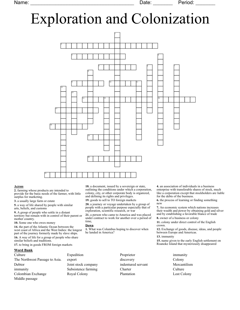 Exploration and Colonization  Crossword