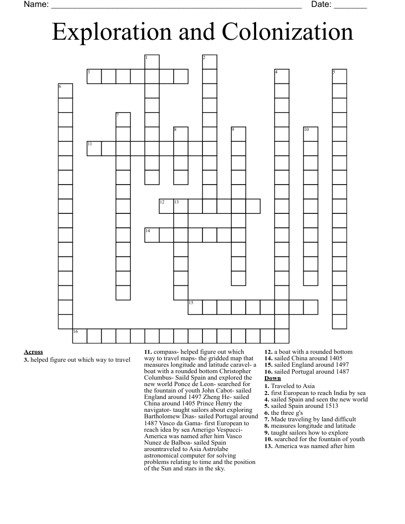 Exploration and Colonization  Crossword