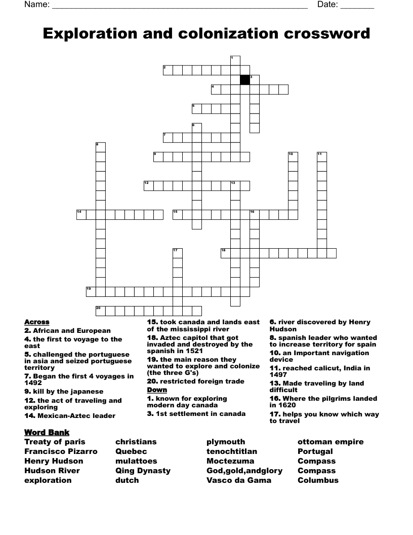 Exploration and colonization crossword