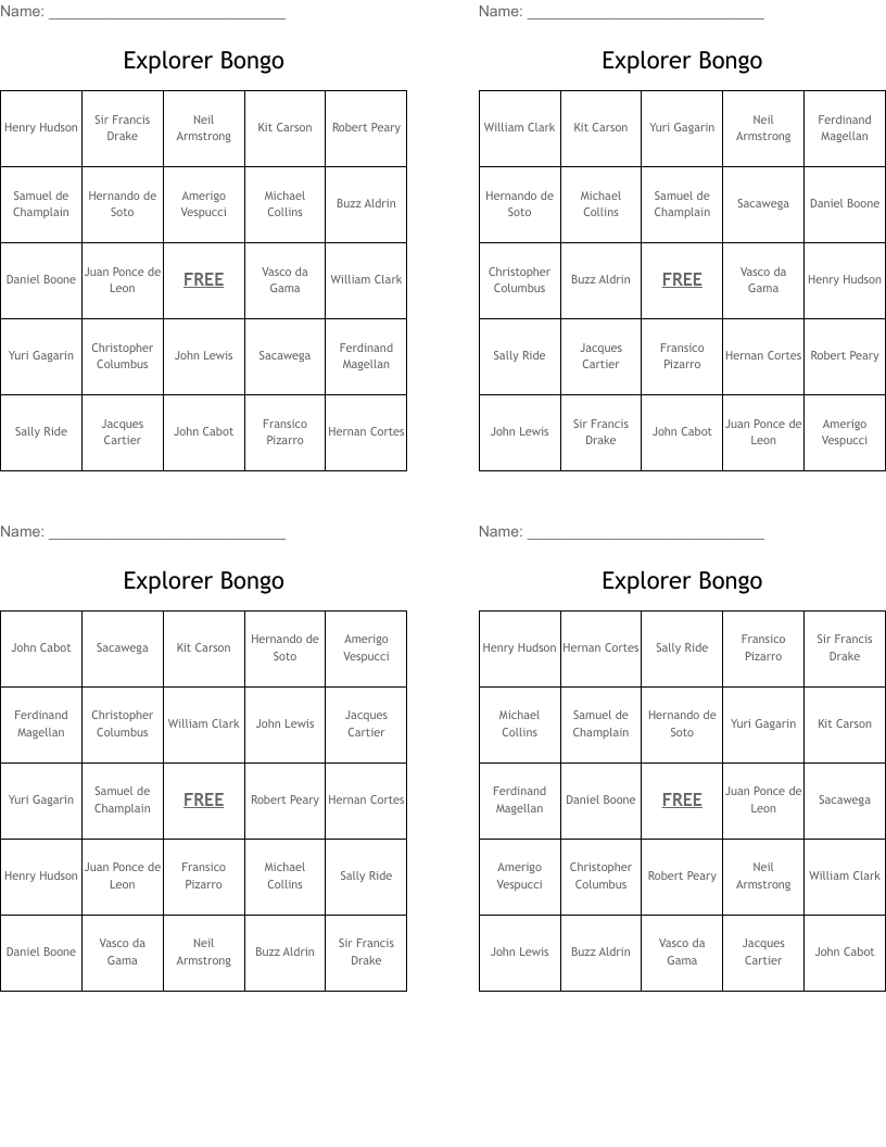 Explorer Bongo Bingo Cards