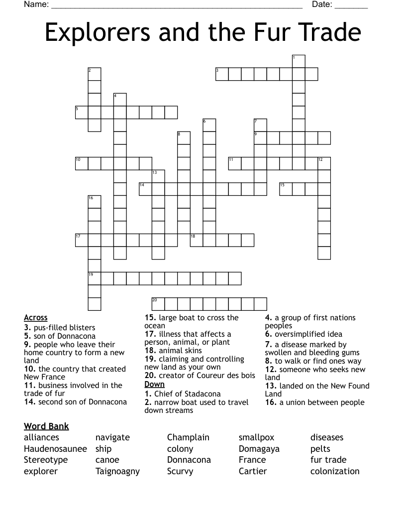 Explorers and the Fur Trade Crossword