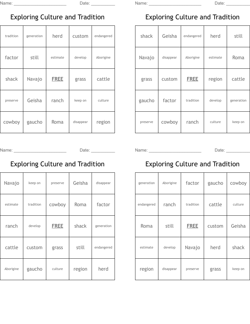 Exploring Culture and Tradition Bingo Cards