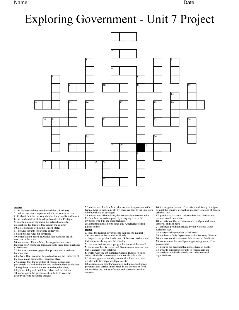 Exploring Government - Unit 7 Project Crossword