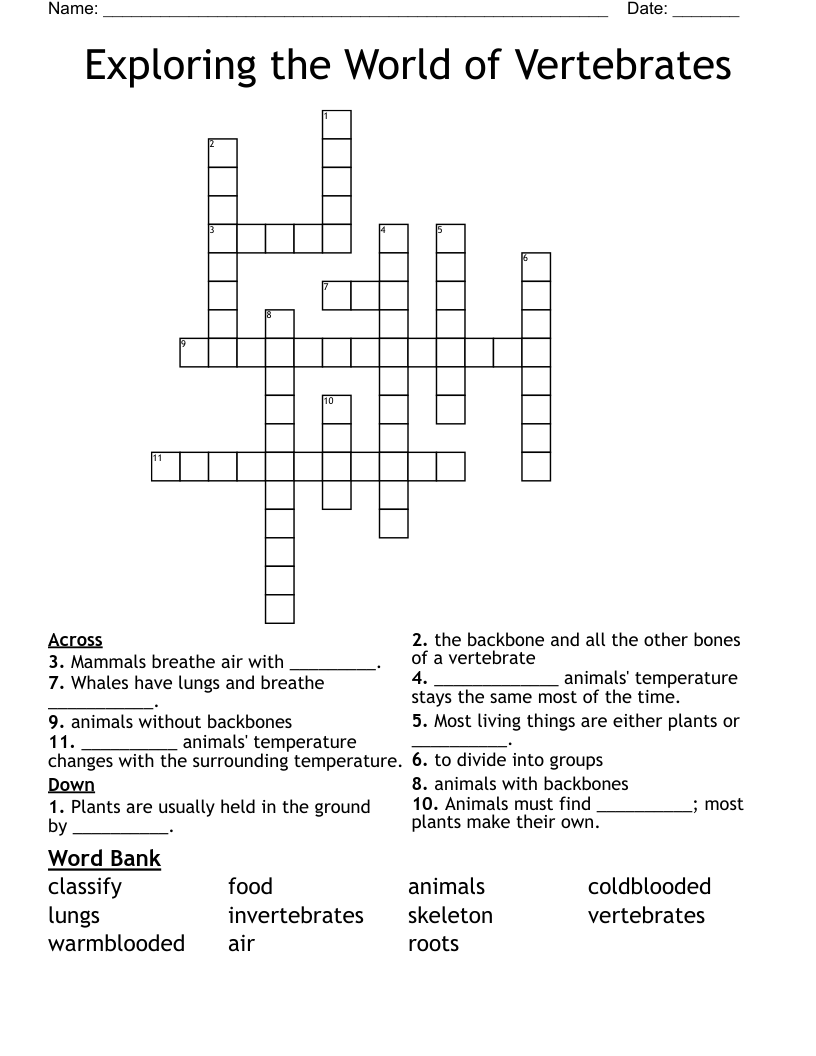 Exploring the World of Vertebrates Crossword
