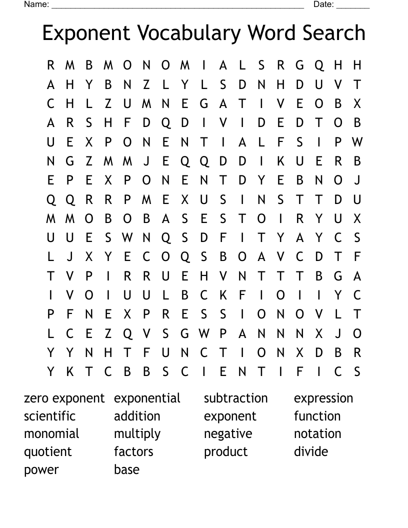 Exponent Vocabulary Word Search