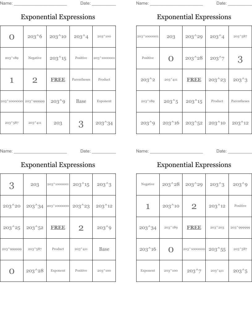 Exponential Expressions Bingo Cards