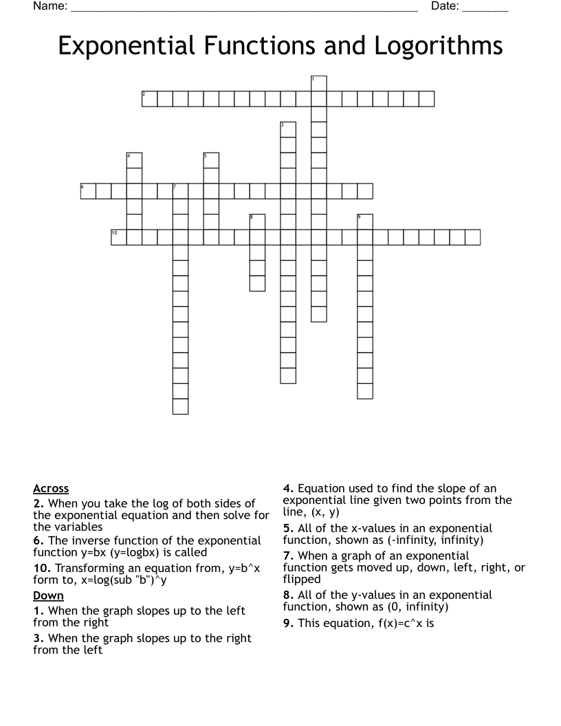 Exponential Functions and Logorithms Crossword