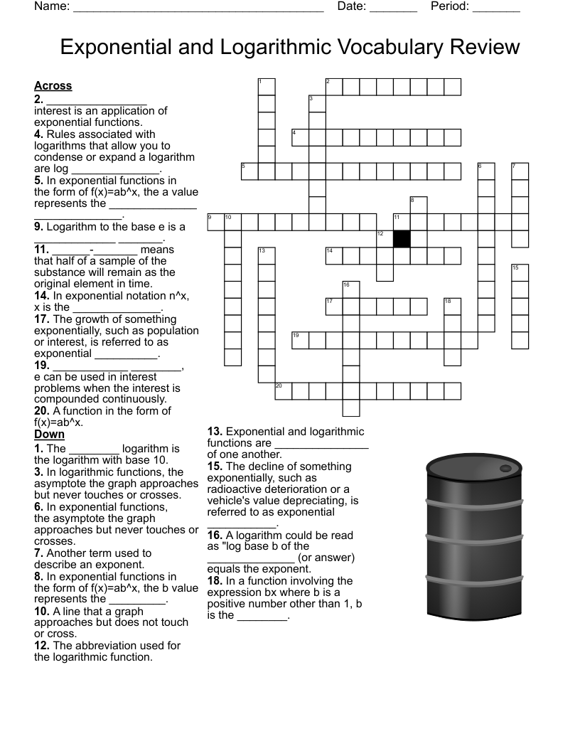 Exponential and Logarithmic Vocabulary Review Crossword