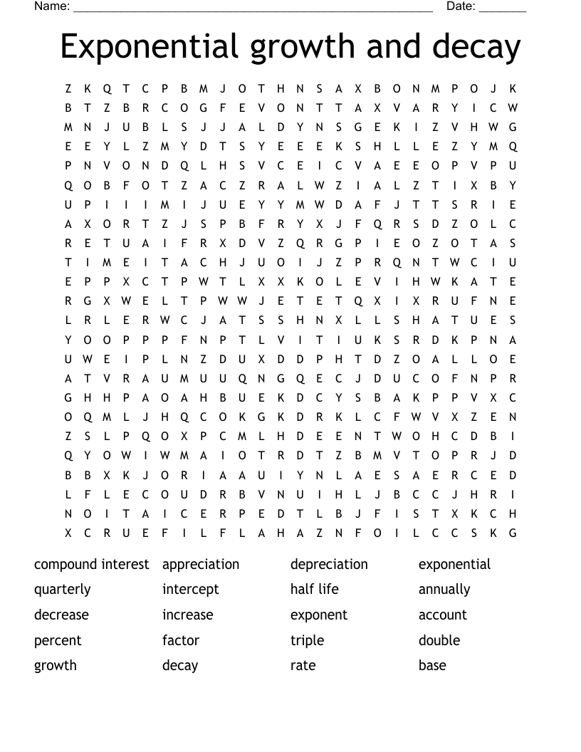Exponential growth and decay Word Search