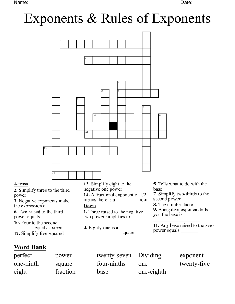 Exponents & Rules of Exponents Crossword
