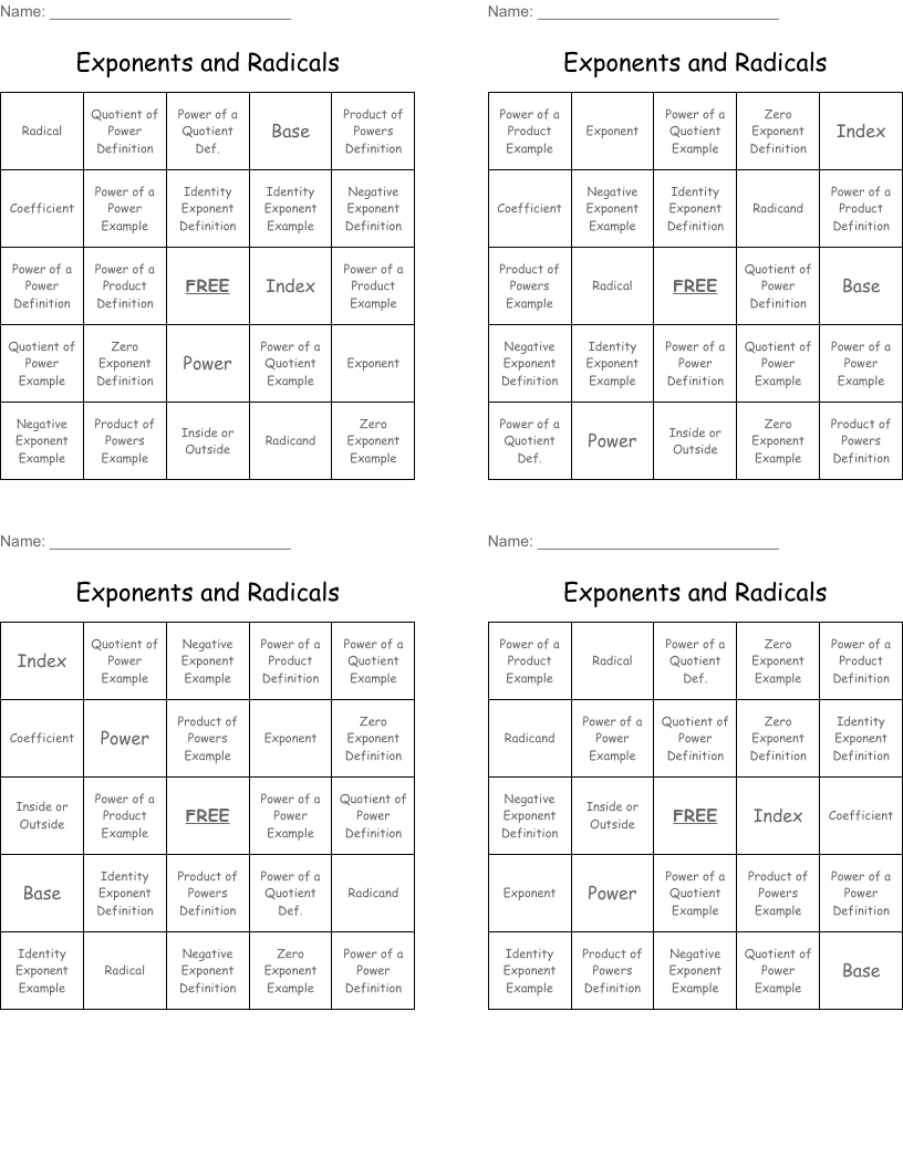 Exponents and Radicals Bingo Cards